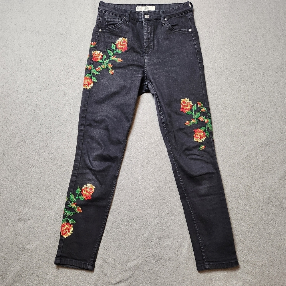 Topshop Jamie High Waisted Embroidered Roses Black Cropped Stretchy Jeans 30